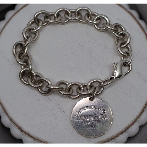 Tiffany & Co. 925 Round Tag Lobster Claw Charm Bracelet 36.23G / 7.5in / 10mm - Picture 1 of 5